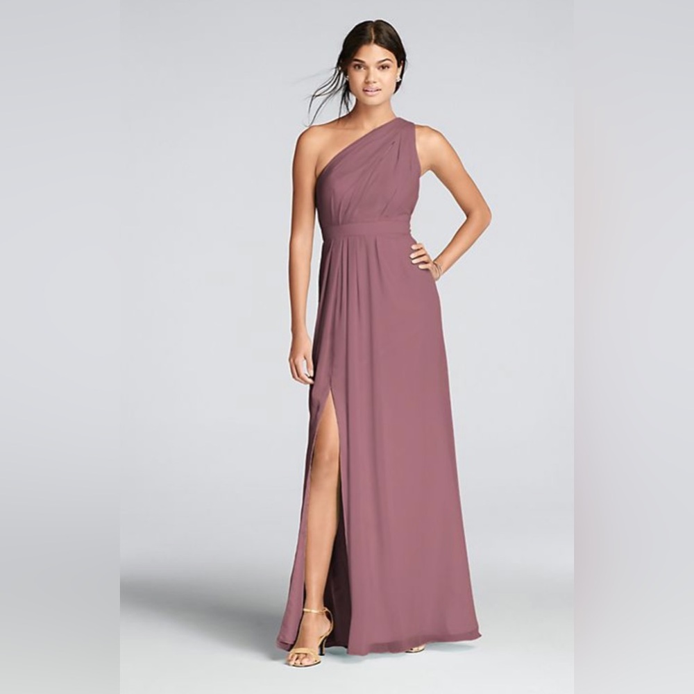 David’s Bridal long one-shoulder crinkle chiffon dress